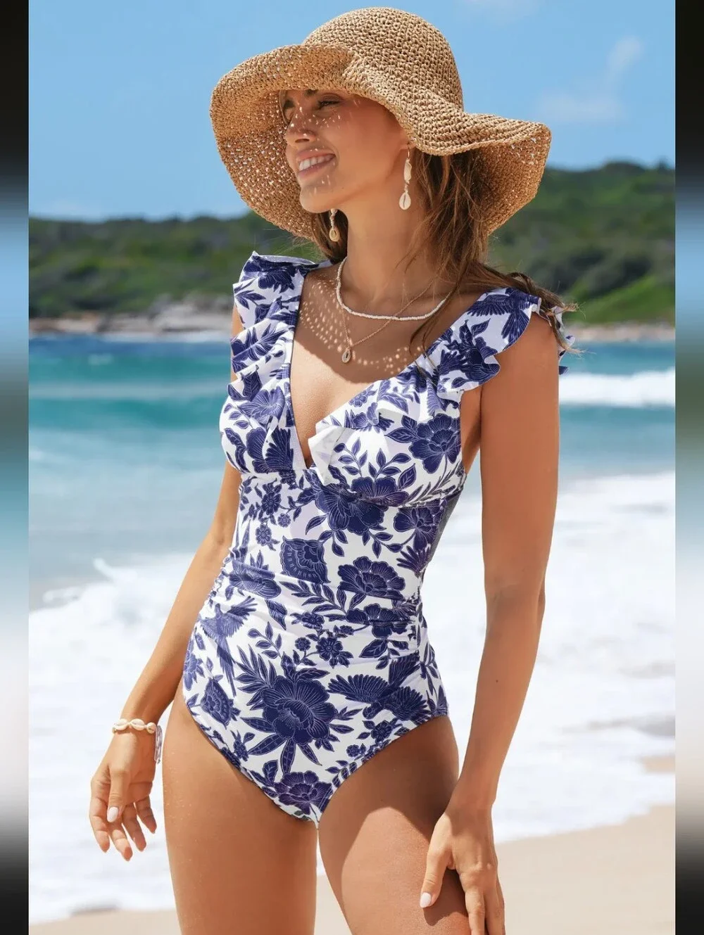 Cupshe Sweet Florals Ruffled Lace-Up Tummy Control One-Piece- L